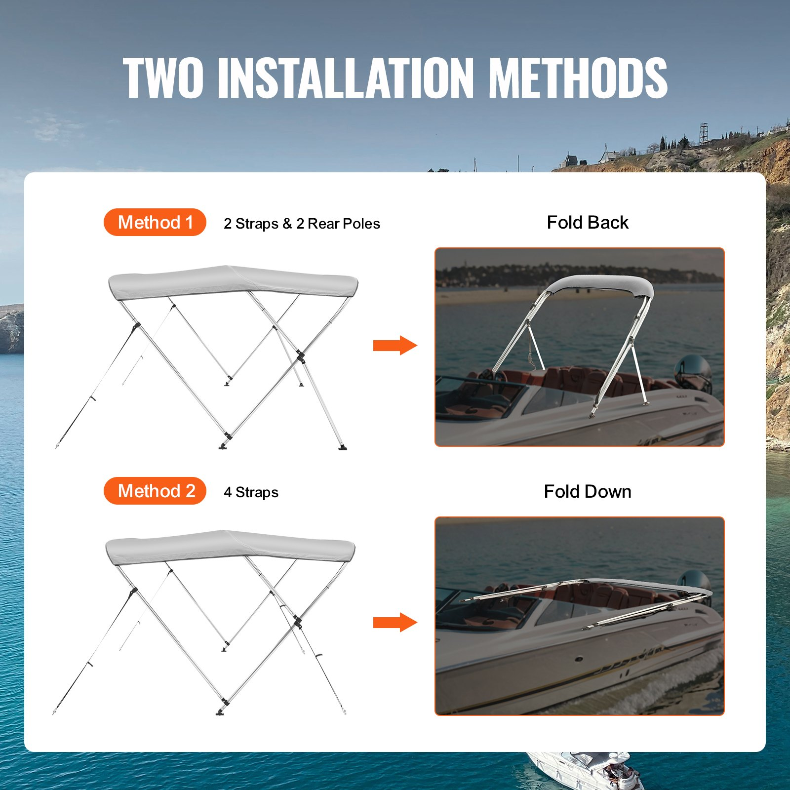 VEVOR 3 Bow Bimini Top Boat Cover, 900D Polyester Canopy with 1" Aluminum Alloy Frame, Waterproof and Sun Shade, Includes Storage Boot, 2 Support Poles, 4 Straps, 6'L x 46"H x 67"-72"W, Light Grey