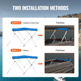 VEVOR 3 Bow Bimini Top Boat Cover, 900D Polyester Canopy with 1" Aluminum Alloy Frame, Waterproof and Sun Shade, Includes Storage Boot, 2 Support Poles, 4 Straps, 6'L x 46"H x 54"-60"W, Pacific Blue