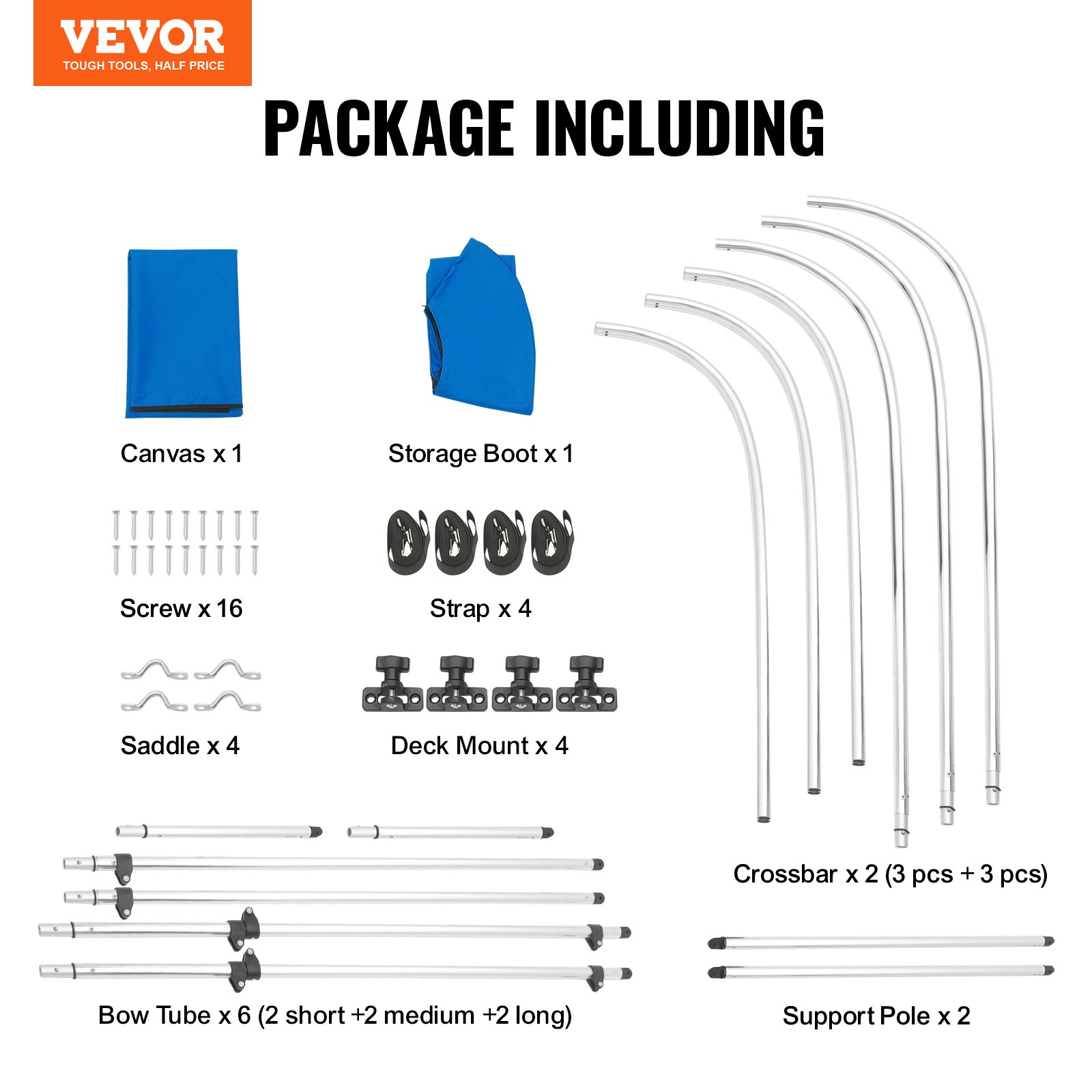 VEVOR 3 Bow Bimini Top Boat Cover, 900D Polyester Canopy with 1" Aluminum Alloy Frame, Waterproof and Sun Shade, Includes Storage Boot, 2 Support Poles, 4 Straps, 6'L x 46"H x 54"-60"W, Pacific Blue