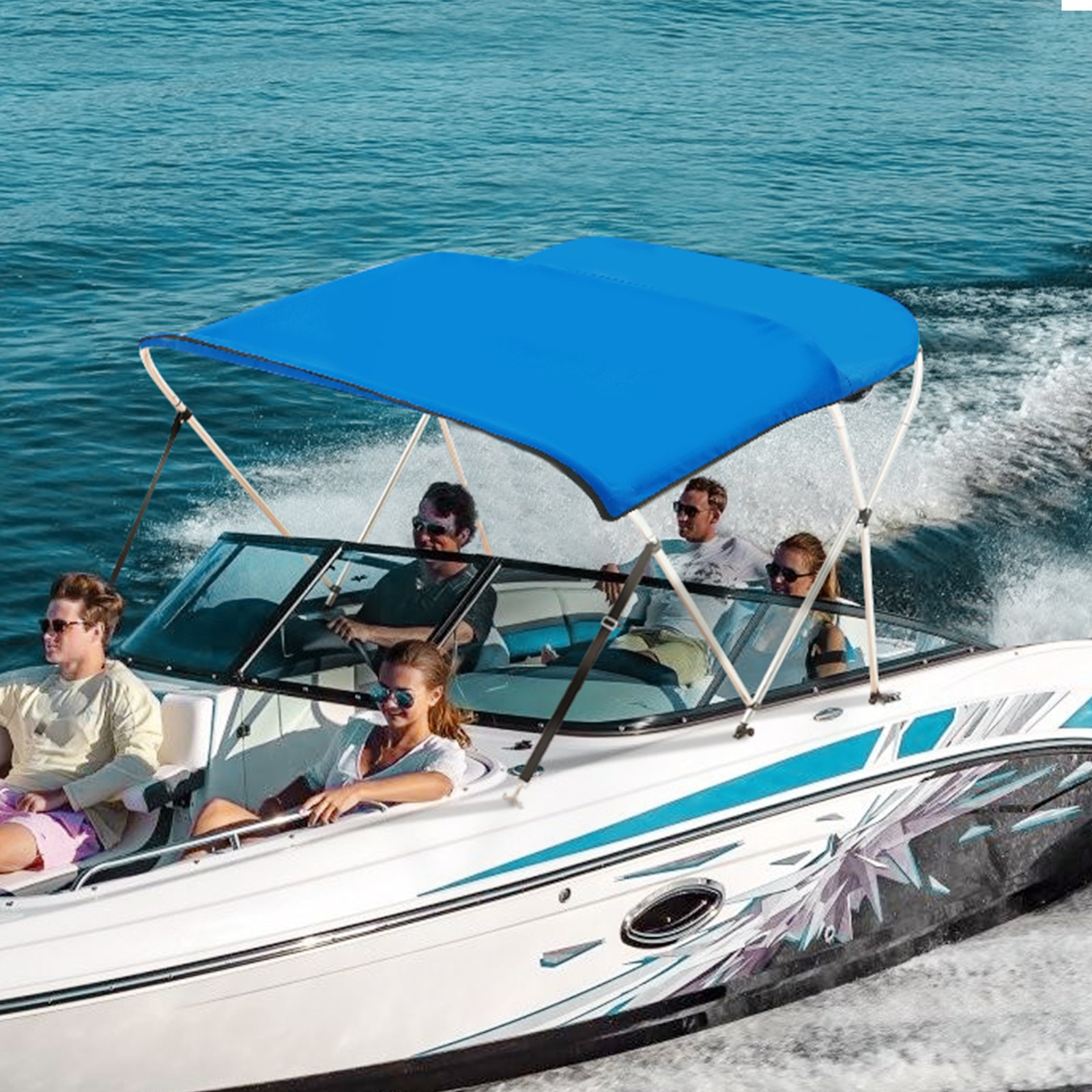 VEVOR 3 Bow Bimini Top Boat Cover, 900D Polyester Canopy with 1" Aluminum Alloy Frame, Waterproof and Sun Shade, Includes Storage Boot, 4 Straps, 2 Support Poles, 6'L x 46"H x 61"-66"W, Pacific Blue