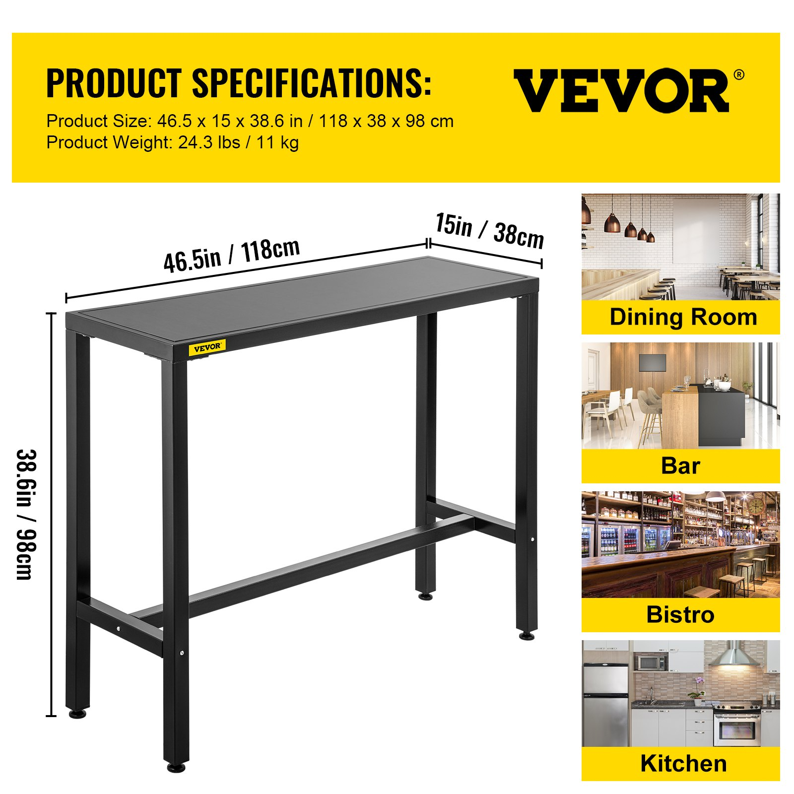 VEVOR Outdoor Bar Table, 46.5" L x 15" W x 38.6" H, Narrow Rectangular Height Pub Station, Sturdy Metal Frame Tall Counter with Adjustable Feet, for Patio, Balcony, Dinning Room, Bistro, Garden, Black