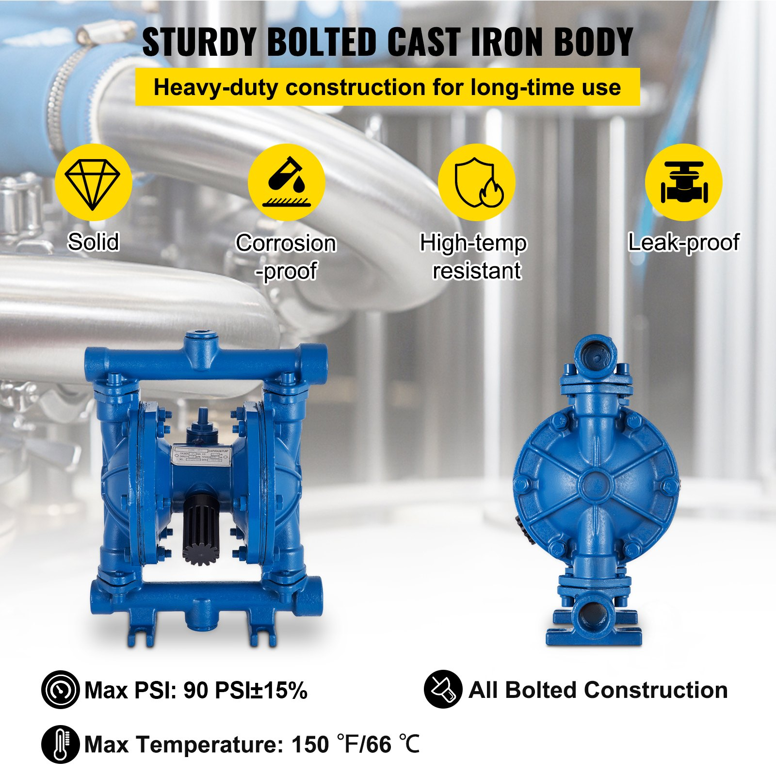 VEVOR Air-Operated Double Diaphragm Pump, 1/2 in Inlet & Outlet, Cast Iron Body, 3 GPM & Max 90 PSI, Nitrile Diaphragm Pneumatic Transfer Pump for Petroleum, Diesel, Oil & Low Viscosity Fluids