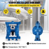 VEVOR Air-Operated Double Diaphragm Pump, 1/2 in Inlet & Outlet, Cast Iron Body, 3 GPM & Max 90 PSI, Nitrile Diaphragm Pneumatic Transfer Pump for Petroleum, Diesel, Oil & Low Viscosity Fluids