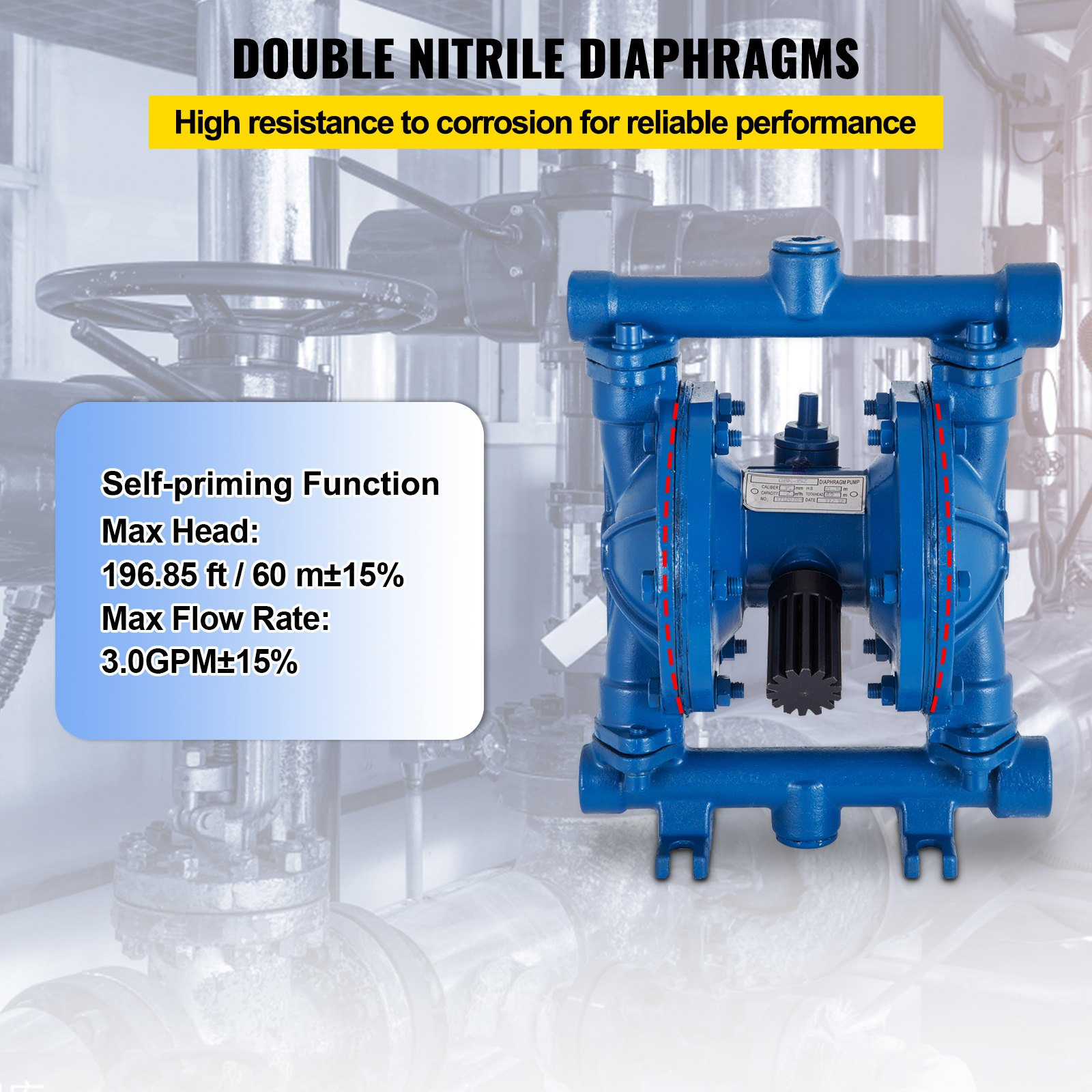 VEVOR Air-Operated Double Diaphragm Pump, 1/2 in Inlet & Outlet, Cast Iron Body, 3 GPM & Max 90 PSI, Nitrile Diaphragm Pneumatic Transfer Pump for Petroleum, Diesel, Oil & Low Viscosity Fluids