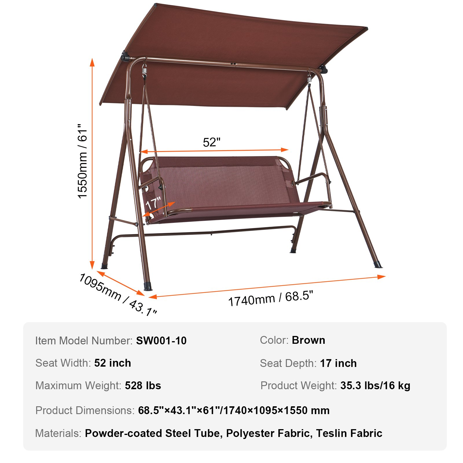 VEVOR 3-Person Patio Swing Chair, Outdoor Patio Swing with Adjustable Canopy, Porch Swing with Armrests, Teslin Fabric and Alloy Steel Frame, for Balcony, Backyard, Patio, Garden, Poolside, Brown