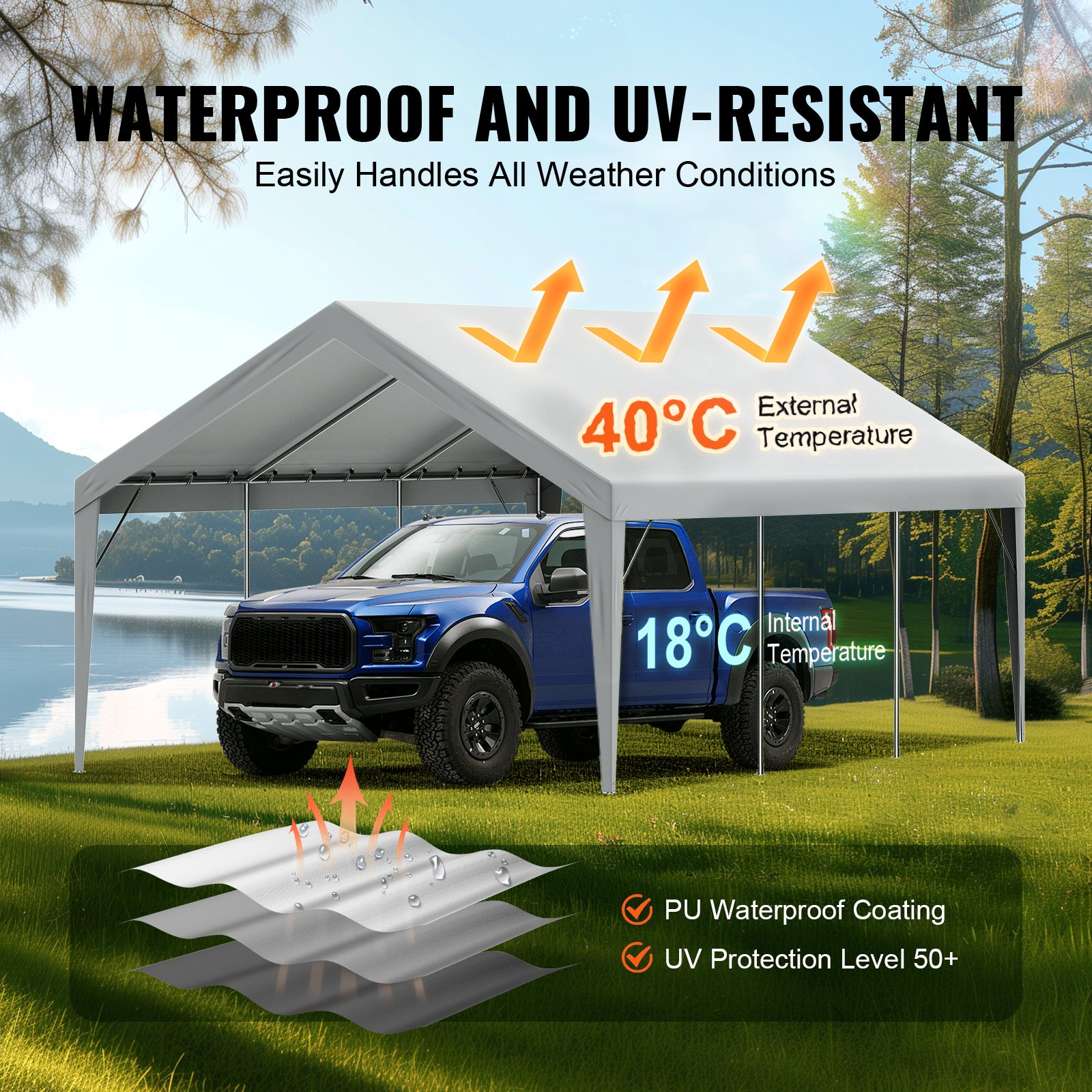 VEVOR Carport Replacement Canopy Cover 13 x 20 ft, Garage Top Tent Shelter Tarp Heavy-Duty Waterproof & UV Protected, Easy Installation with Ball Bungees,Grey (Only Top Cover, Frame Not Include)