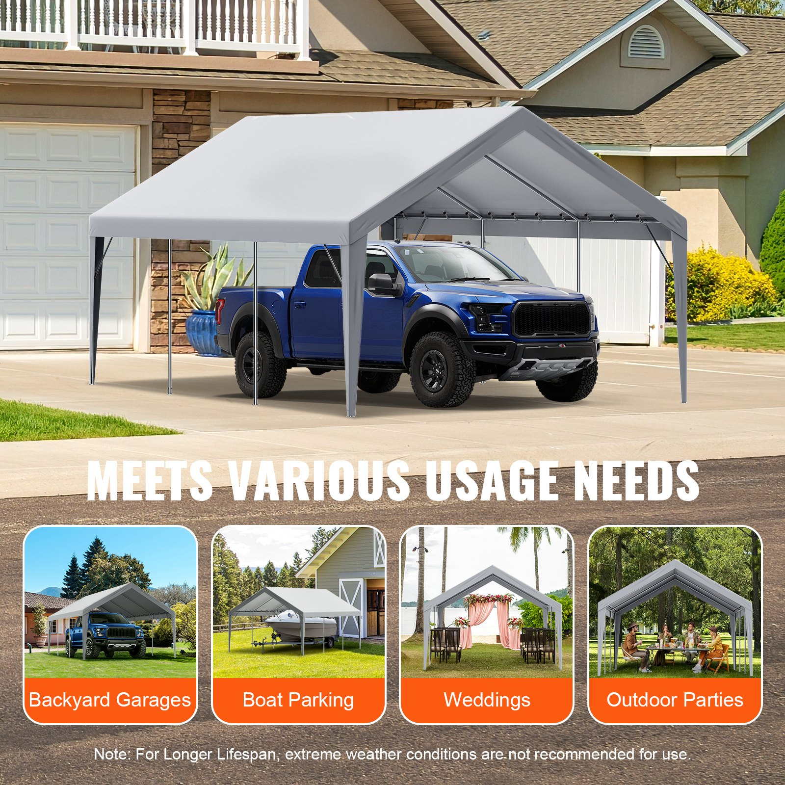 VEVOR Carport Replacement Canopy Cover 13 x 20 ft, Garage Top Tent Shelter Tarp Heavy-Duty Waterproof & UV Protected, Easy Installation with Ball Bungees,Grey (Only Top Cover, Frame Not Include)