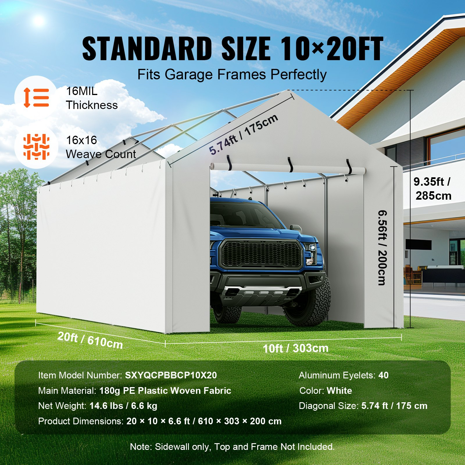 VEVOR Carport Replacement Canopy Cover Side Wall 10 x 20 ft, Garage Tent Shelter Tarp Heavy-Duty Waterproof & UV Protected, Easy Installation with Ball Bungees,White (Top and Frame Not Included)