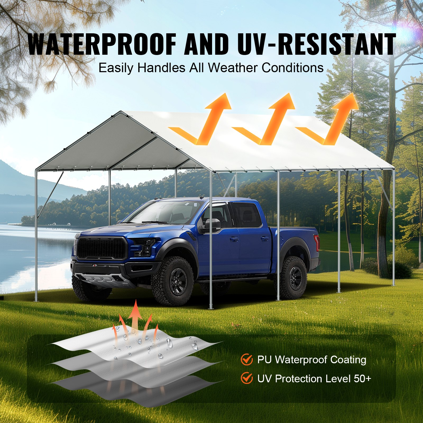 VEVOR 10 x 20 ft Carport Replacement Canopy Cover, Garage Top Tent Shelter Tarp Heavy-Duty Waterproof & UV Protected, Easy Installation with 40 Ball Bungeess (Only Top Cover, Frame Not Include), White