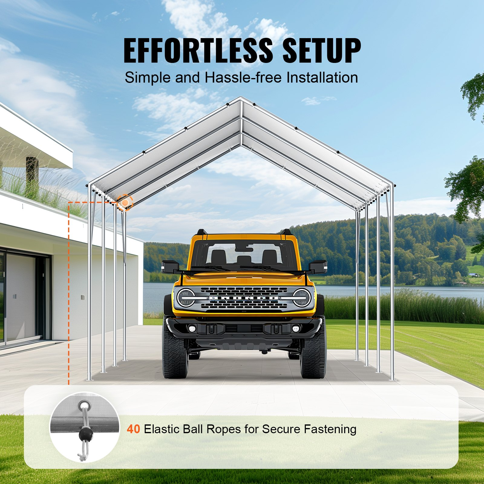 VEVOR 10 x 20 ft Carport Replacement Canopy Cover, Garage Top Tent Shelter Tarp Heavy-Duty Waterproof & UV Protected, Easy Installation with 40 Ball Bungeess (Only Top Cover, Frame Not Include), White