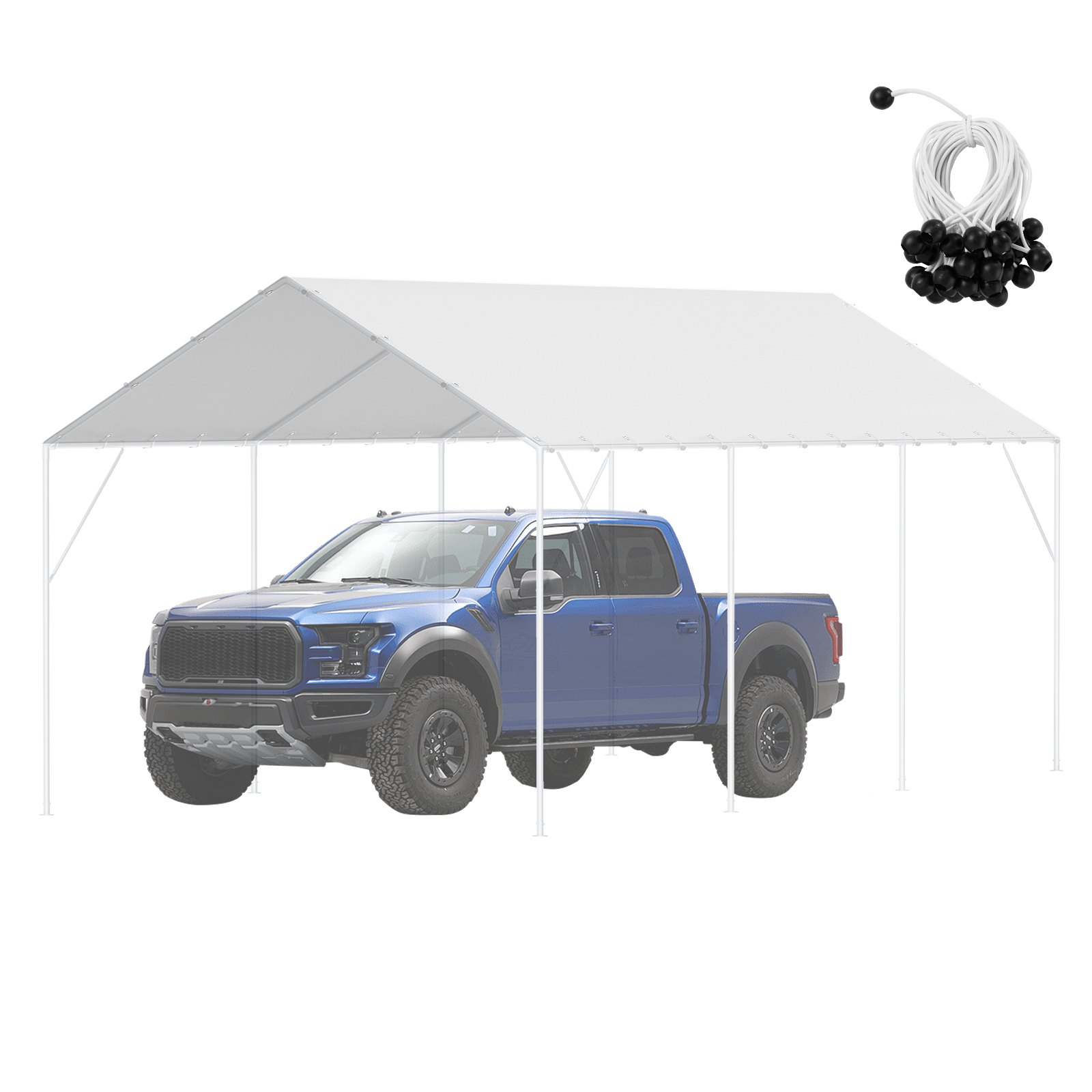 VEVOR 10 x 20 ft Carport Replacement Canopy Cover, Garage Top Tent Shelter Tarp Heavy-Duty Waterproof & UV Protected, Easy Installation with 40 Ball Bungeess (Only Top Cover, Frame Not Include), White