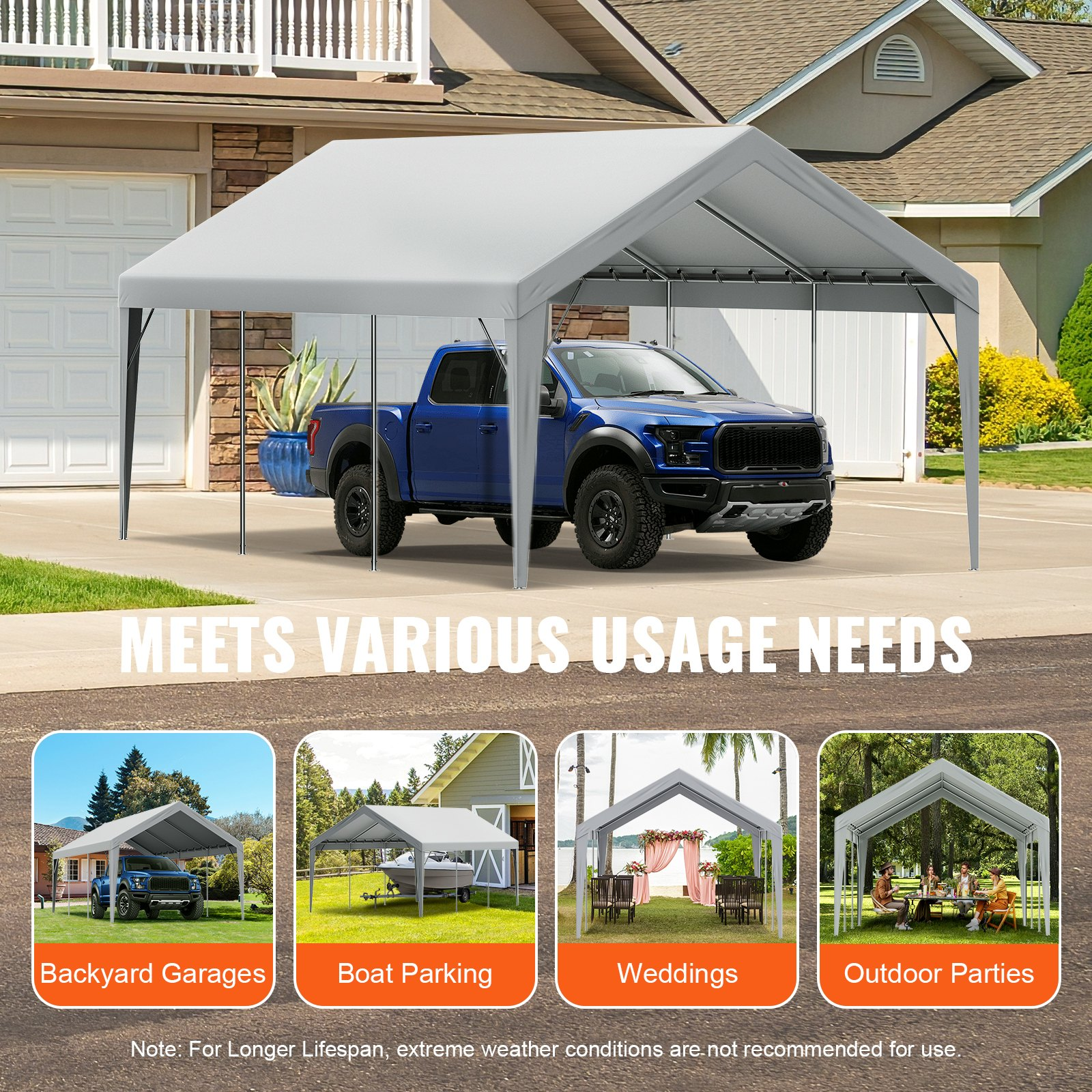 VEVOR Carport Replacement Canopy Cover 12 x 20 ft, Garage Top Tent Shelter Tarp Heavy-Duty Waterproof & UV Protected, Easy Installation with Ball Bungees,Grey (Only Top Cover, Frame Not Include)