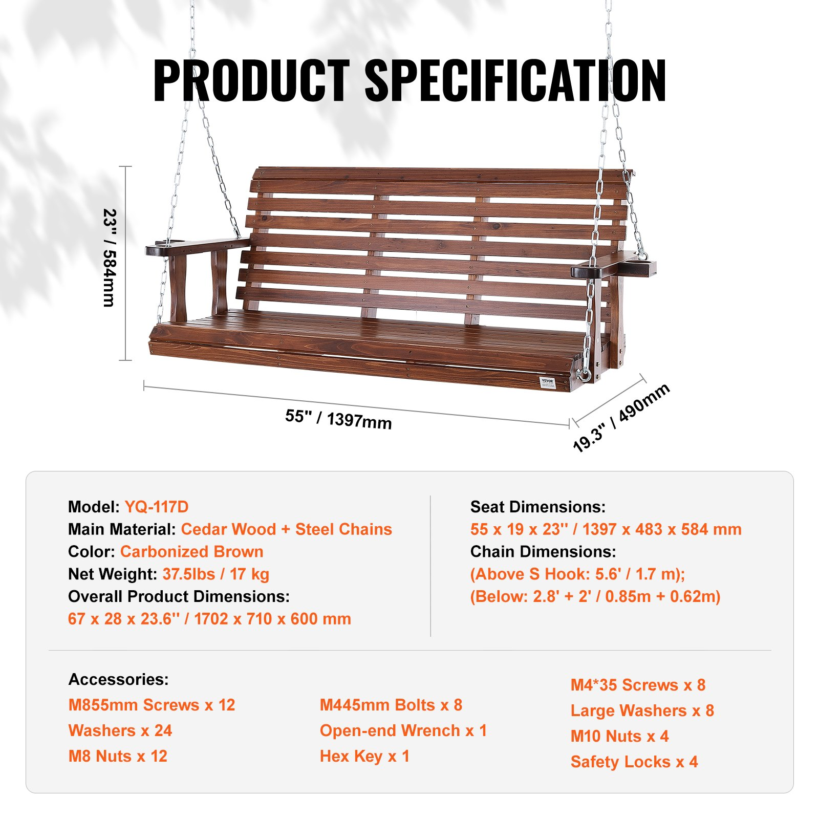 VEVOR Wooden Porch Swing 5.5 ft, Patio bench swing for Courtyard & Garden, Upgraded 880 lbs Strong Load Capacity, Heavy Duty Swing Chair Bench with Hanging Chains for Outdoors, Brown