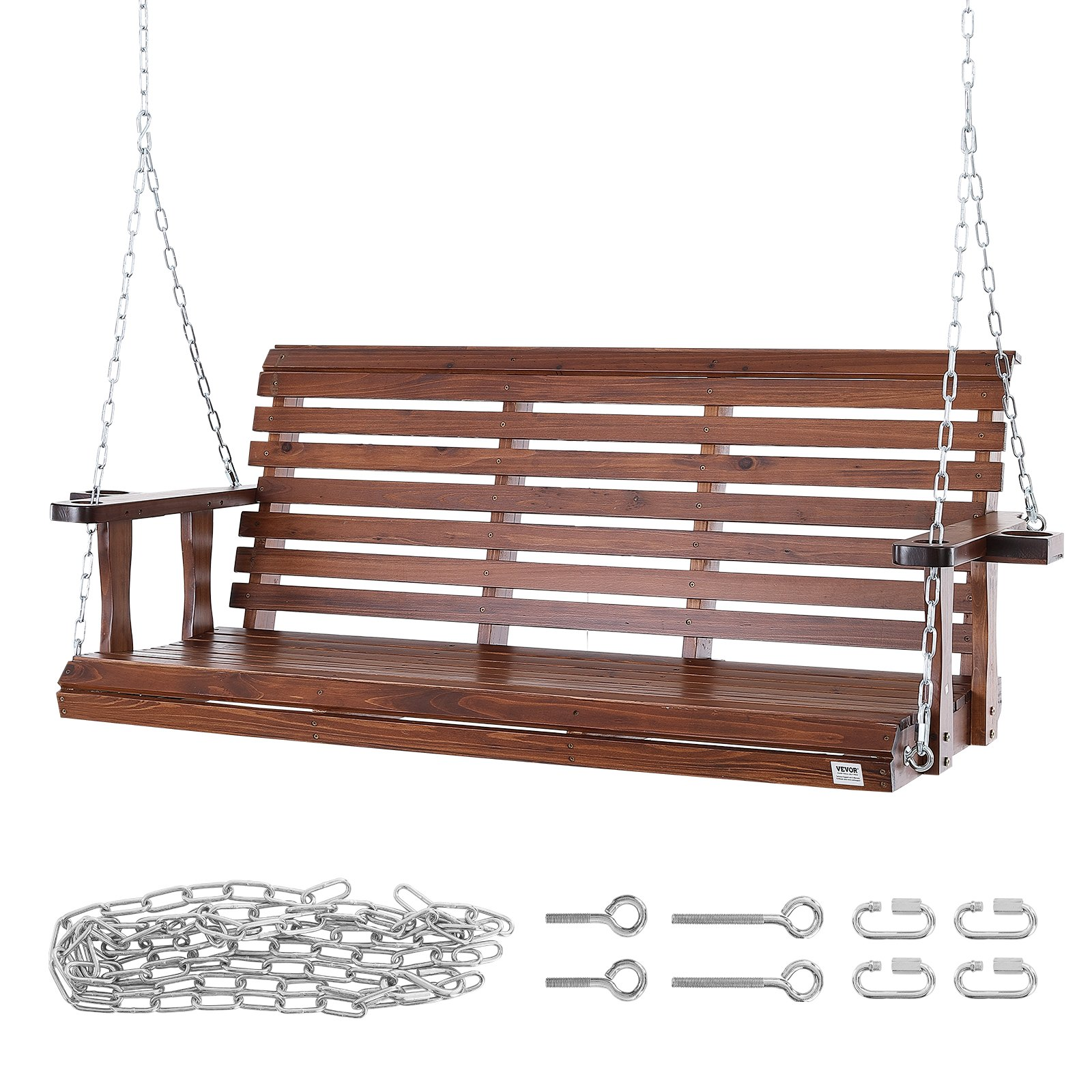 VEVOR Wooden Porch Swing 5.5 ft, Patio bench swing for Courtyard & Garden, Upgraded 880 lbs Strong Load Capacity, Heavy Duty Swing Chair Bench with Hanging Chains for Outdoors, Brown