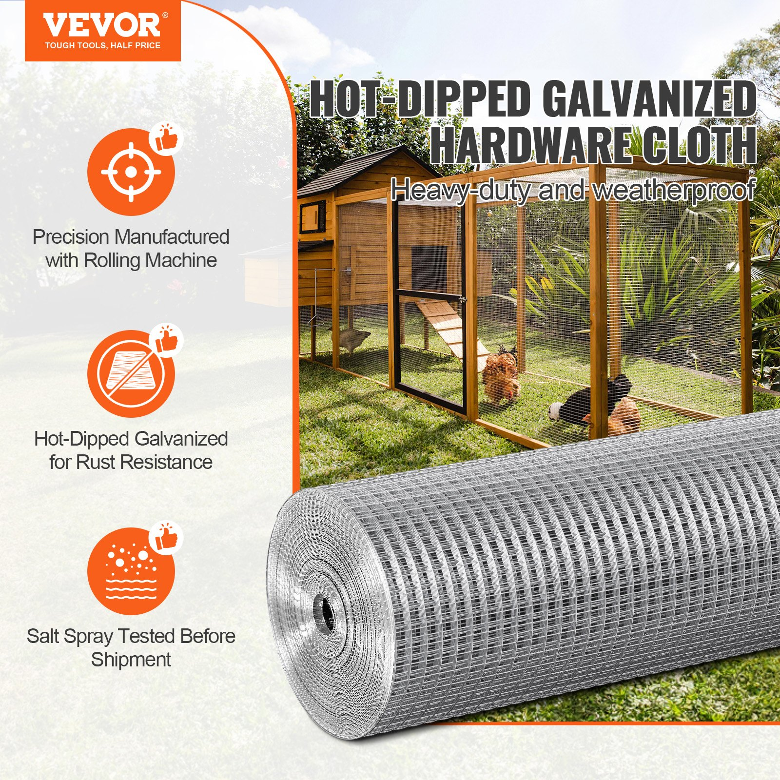 VEVOR Hardware Cloth, 1/2 inch 48in x 100 ft 19 Gauge, Hot Dipped Galvanized Wire Mesh Roll, Chicken Wire Fencing, Wire Mesh for Rabbit Cages, Garden, Small Rodents