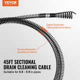 VEVOR Drain Cleaning Cable 45 FT x 7/8 Inch, Professional Sectional Drain Cleaner Cable with 6 Cutters for 0.8" to 5.9" Pipes, Hollow Core Sewer Drain Auger Cable for Sink, Floor Drain, Toilet