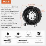 VEVOR Drain Cleaning Cable 60 FT x 1-1/5 Inch, Professional Sectional Drain Cleaner Cable with 6 Cutters for 2.0" to 7.9" Pipes, Hollow Core Sewer Drain Auger Cable for Sink, Floor Drain, Toilet