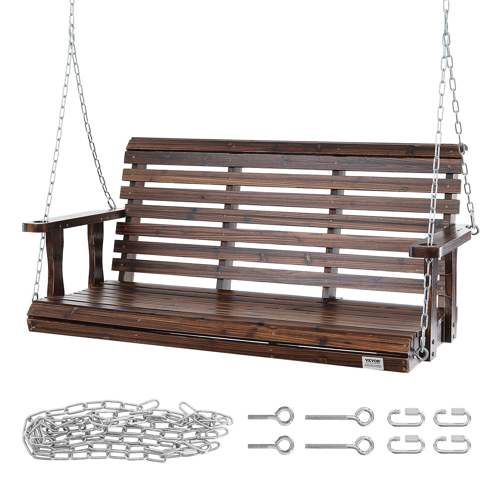 VEVOR Wooden Porch Swing 4.5 ft, Patio bench swing for Courtyard & Garden, Upgraded 880 lbs Strong Load Capacity, Heavy Duty Swing Chair Bench with Hanging Chains for Outdoors, Carbonized Brown