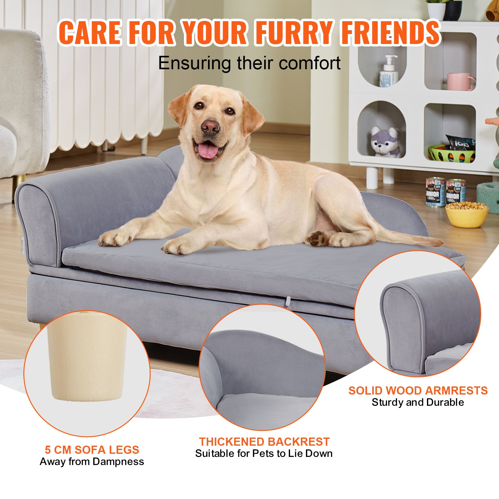 VEVOR Pet Sofa, Dog Couch for Large-Sized Dogs and Cats, Soft Velvety Dog Sofa Bed, 110 lbs Loading Cat Sofa, Grey