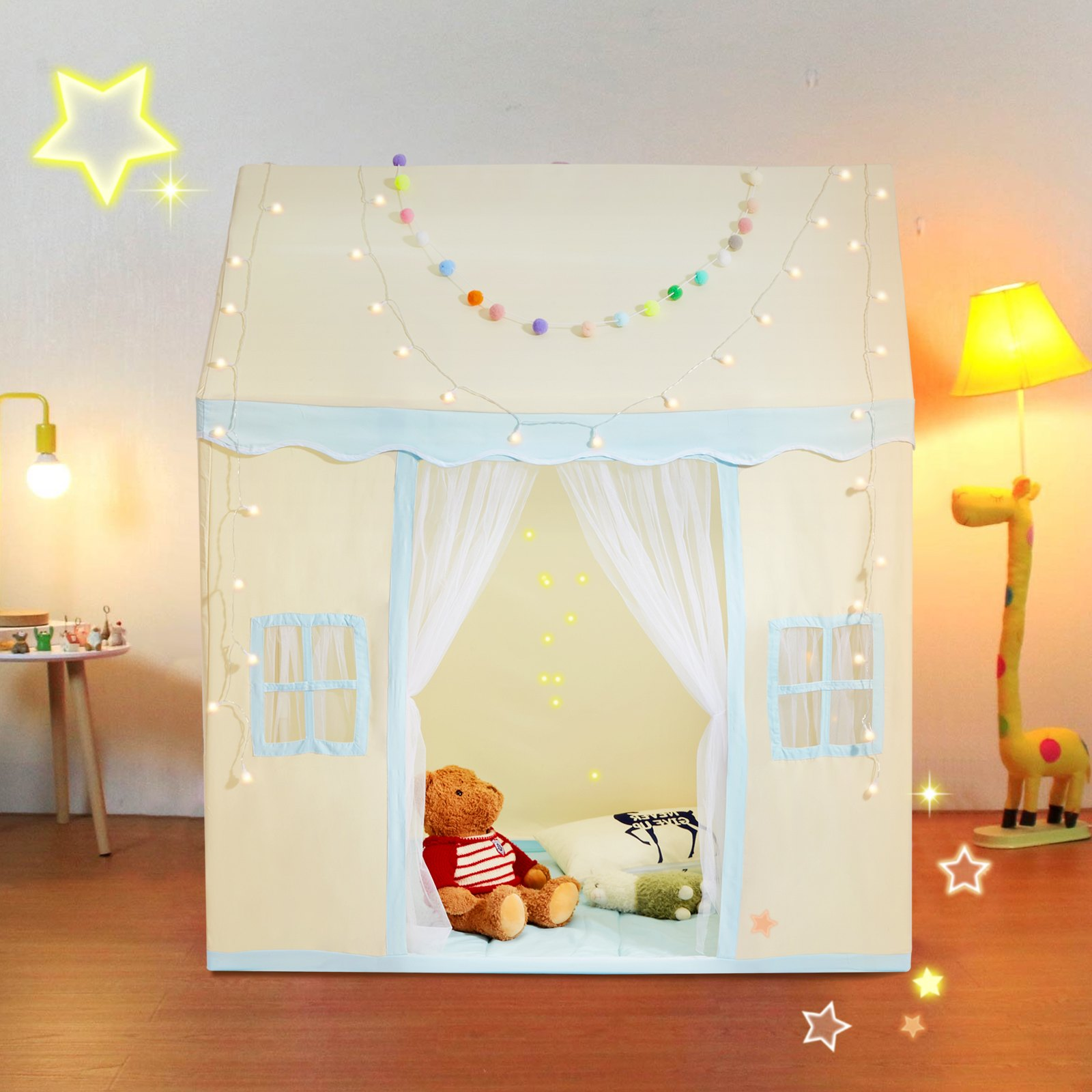 VEVOR Kids Play Tent, Kids Tent for Kids 1-5 Years Old, Toddler Tent with Mat and Tent Lamp, Tent for Kids with Windows for Indoor and Outdoor, Play House Castle Tent for Boys and Girls, Beige