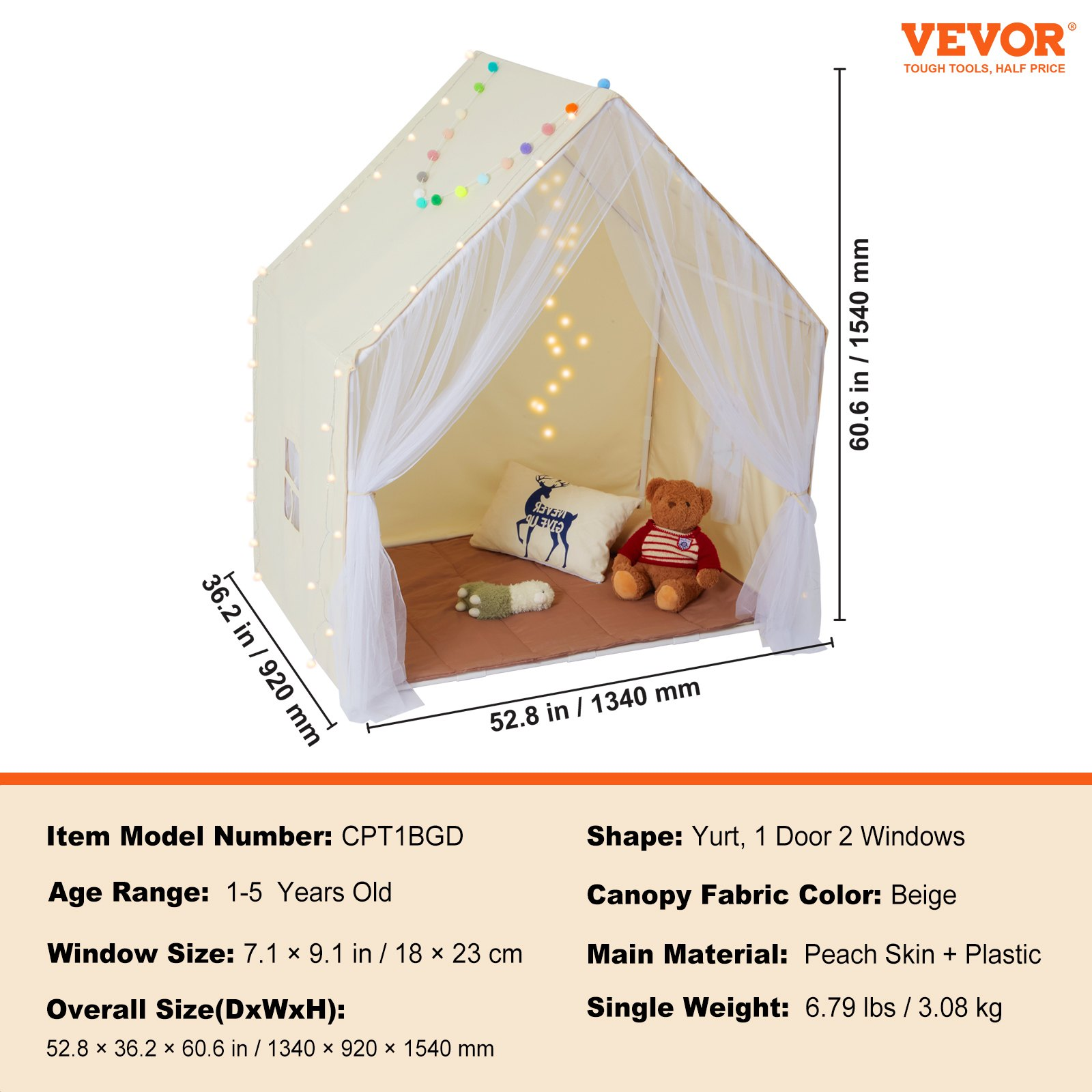 VEVOR Kids Play Tent, Kids Tent for Kids 1-5 Years Old, Toddler Tent with Mat and Tent Lamp, Tent for Kids with Windows for Indoor and Outdoor, Yurt Tent for Boys and Girls, Beige