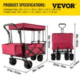 VEVOR Extra Large Collapsible Garden Cart with Removable Canopy, Folding Wagon Utility Carts with Wheels and Rear Storage, Wagon Cart for Garden, Camping, Grocery Cart, Shopping Cart, Red