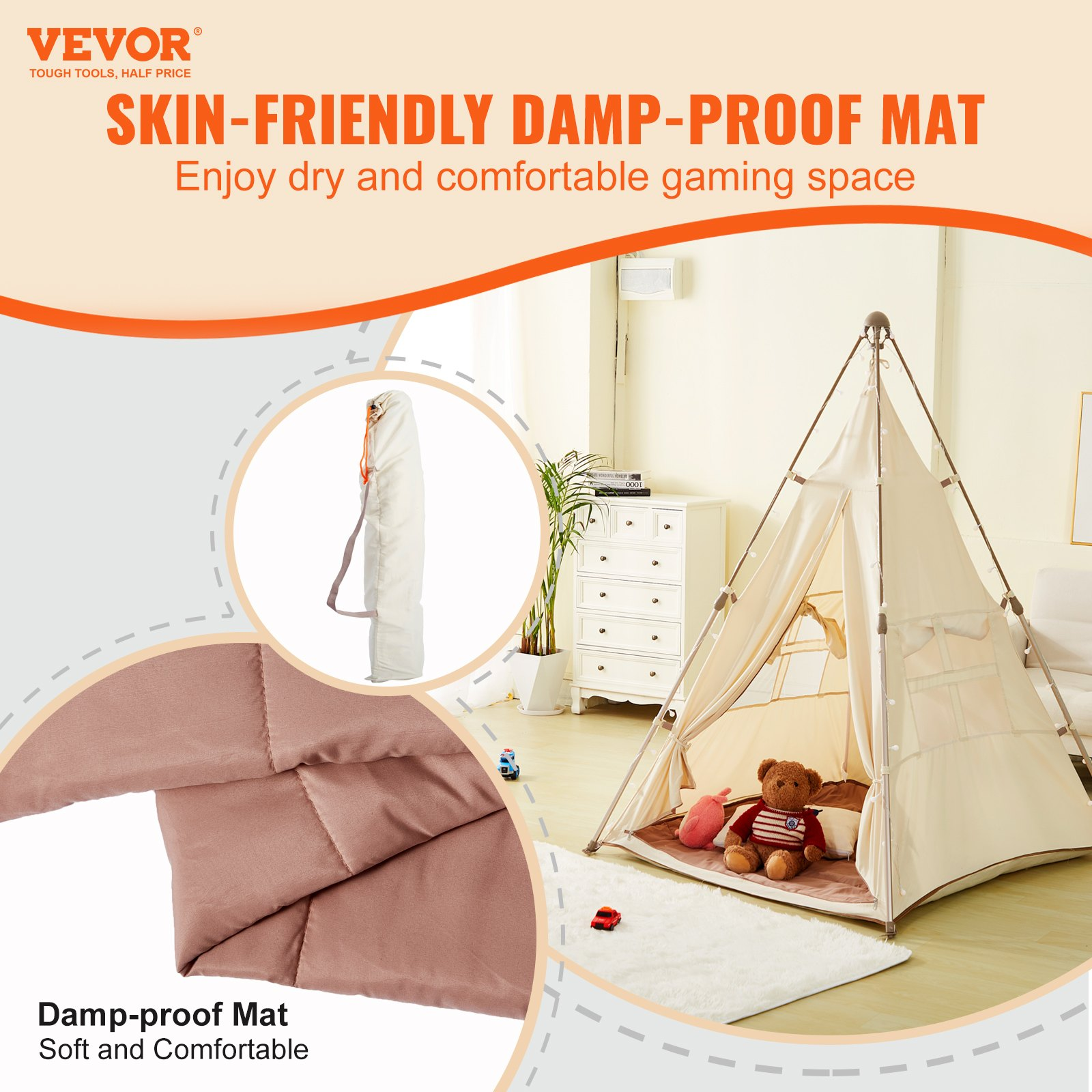 VEVOR Kids Play Tent, Teepee Tent for Kids 1-5 Years Old, Tent for Kids with Windows for Indoor and Outdoor, Foldable Toddler Tent with Mat and Carrying Bag, Kids Tent for Boys and Girls, Beige