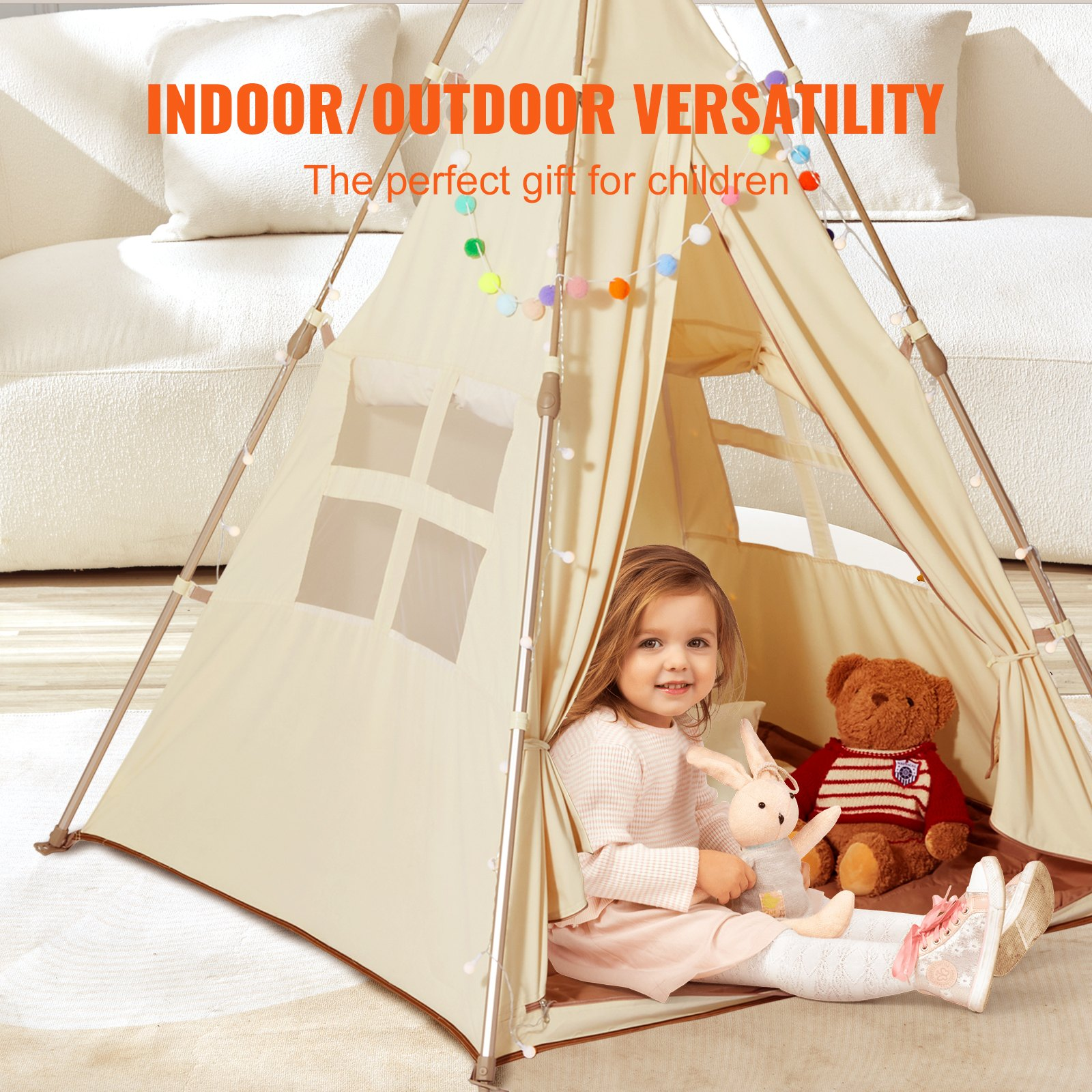 VEVOR Kids Play Tent, Teepee Tent for Kids 1-5 Years Old, Tent for Kids with Windows for Indoor and Outdoor, Foldable Toddler Tent with Mat and Carrying Bag, Kids Tent for Boys and Girls, Beige