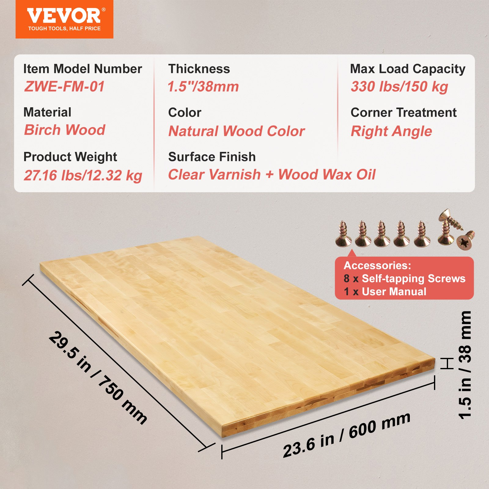 VEVOR Wood Table Top, Holds up to 330 lb, 29.5" x 23.6" x 1.5" Rectangular Countertop for Height Adjustable Electric Standing Desk Frame, Universal Solid One-Piece Maple Desktop for Office & Home Desk