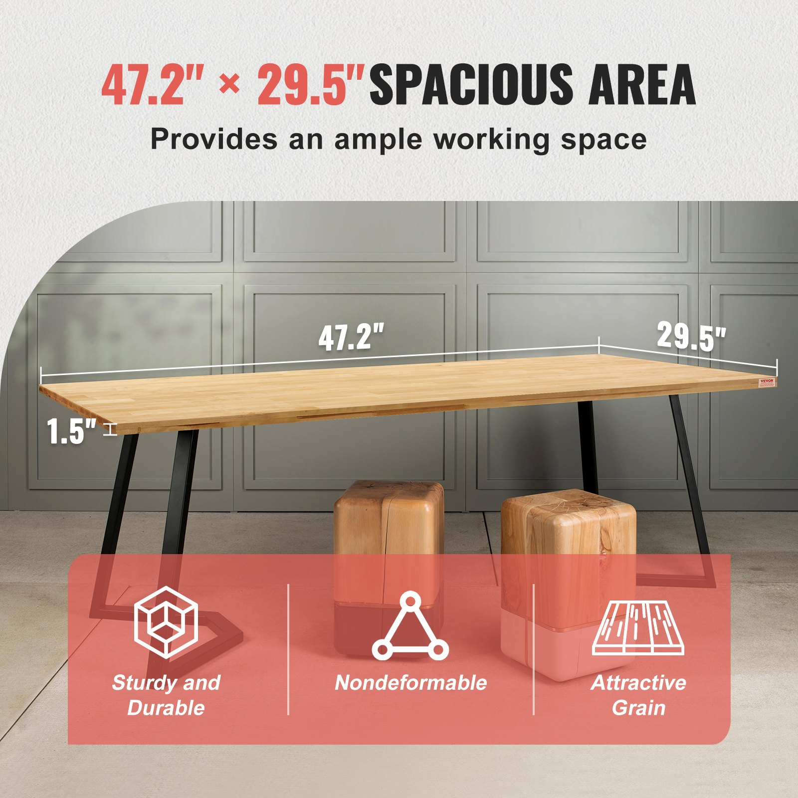 VEVOR Wood Table Top, Holds up to 330 lb, 47.2" x 29.5" x 1.5" Rectangular Countertop for Height Adjustable Electric Standing Desk Frame, Universal Solid One-Piece Maple Desktop for Office & Home Desk