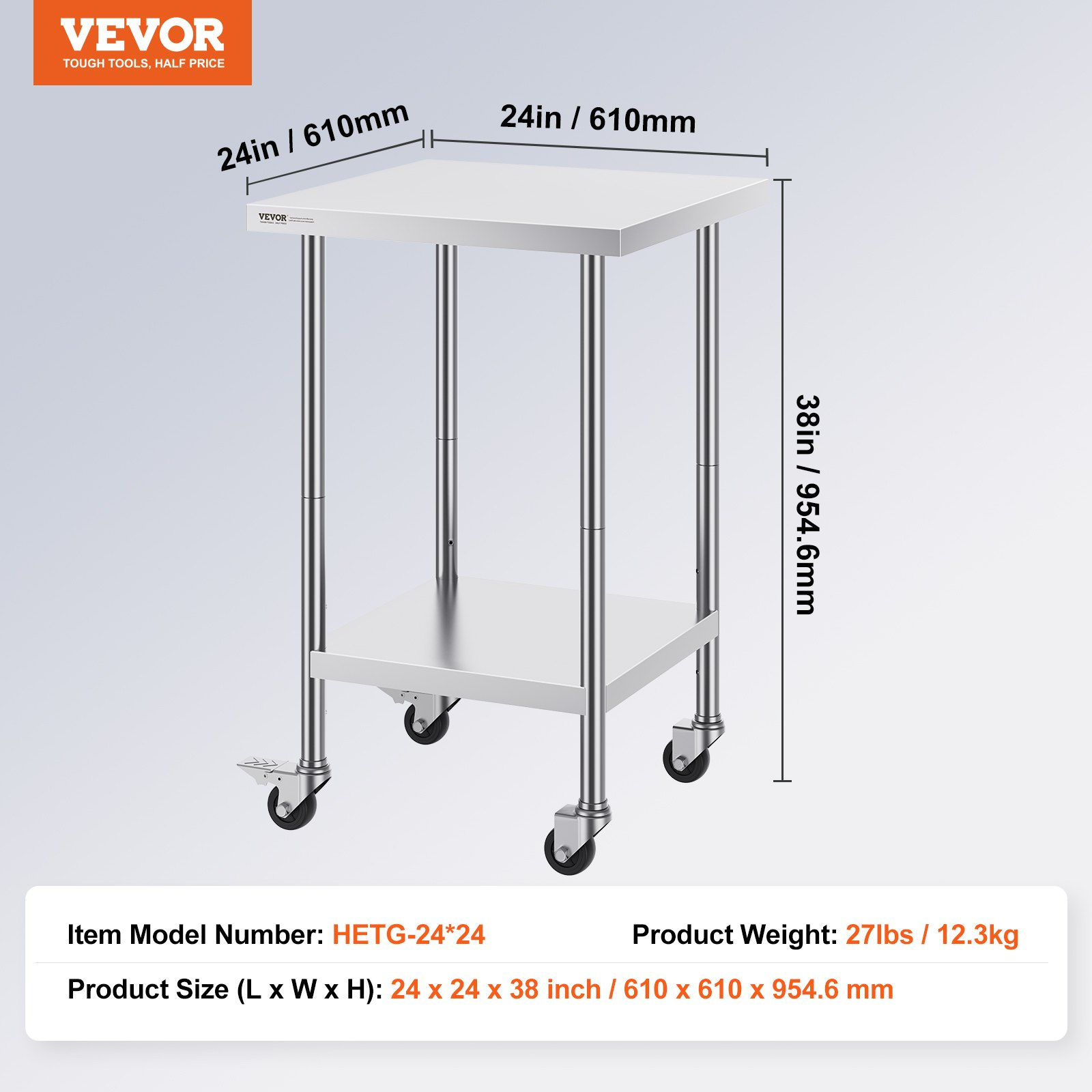 VEVOR Stainless Steel Work Table 24 x 24 x 38 Inch, with 4 Wheels, 3 Adjustable Height Levels, Heavy Duty Food Prep Worktable for Commercial Kitchen Restaurant, Silver