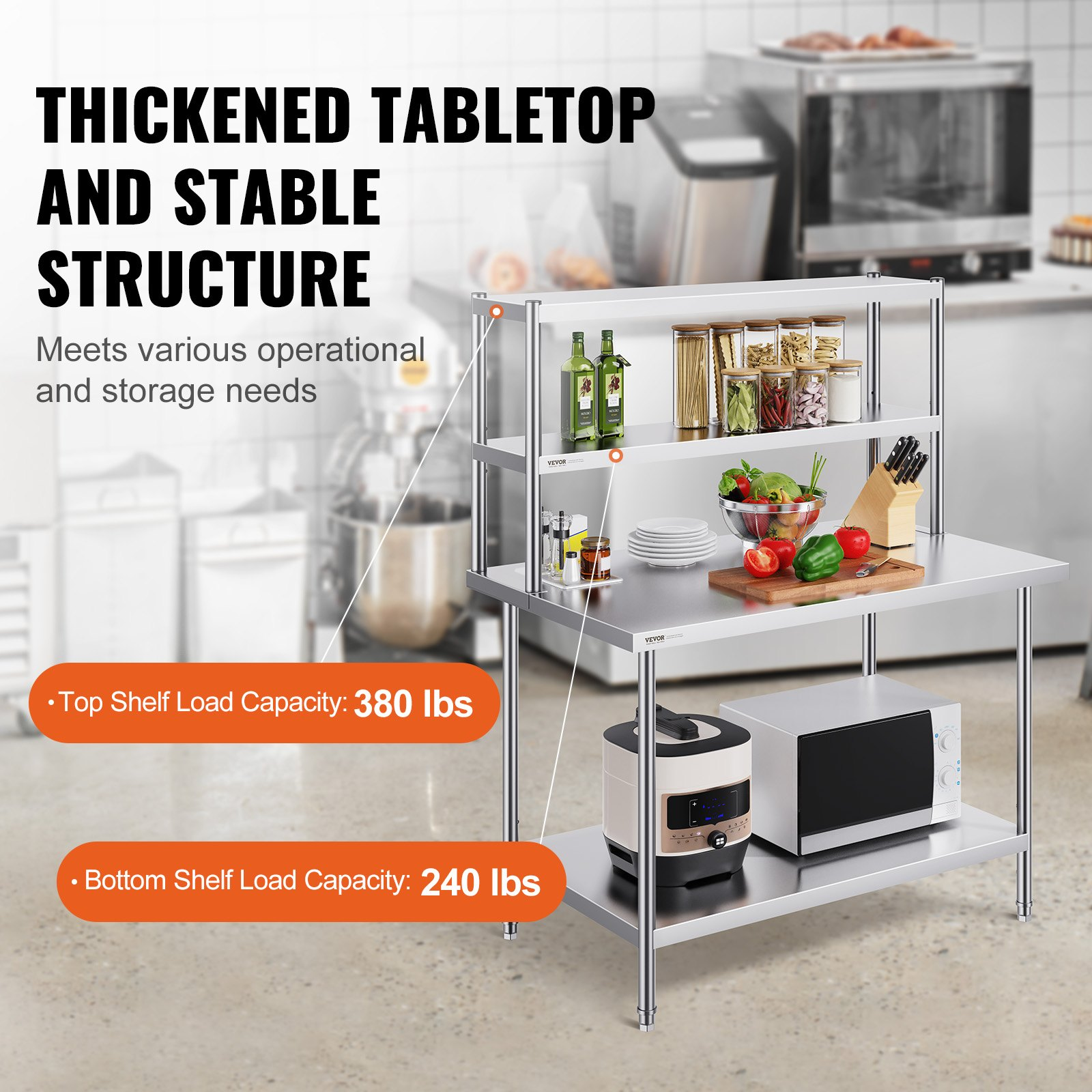 VEVOR Double Overshelf, Double Tier Stainless Steel Overshelf, 12 x 48 Inch Double Deck Overshelf, Height Adjustable Overshelf Prep Work Table for Kitchen, Restaurant and Workshop