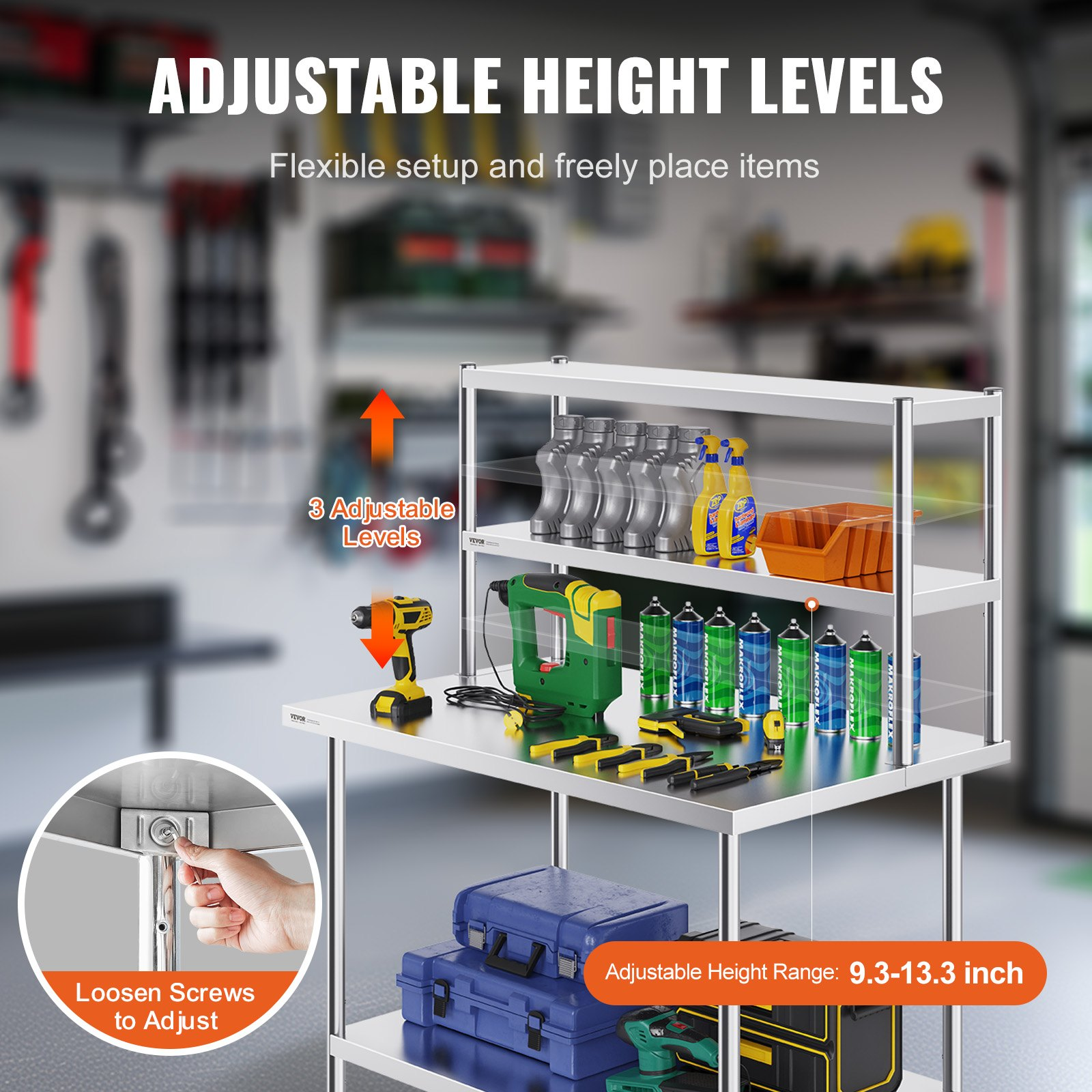 VEVOR Double Overshelf, Double Tier Stainless Steel Overshelf, 12 x 48 Inch Double Deck Overshelf, Height Adjustable Overshelf Prep Work Table for Kitchen, Restaurant and Workshop