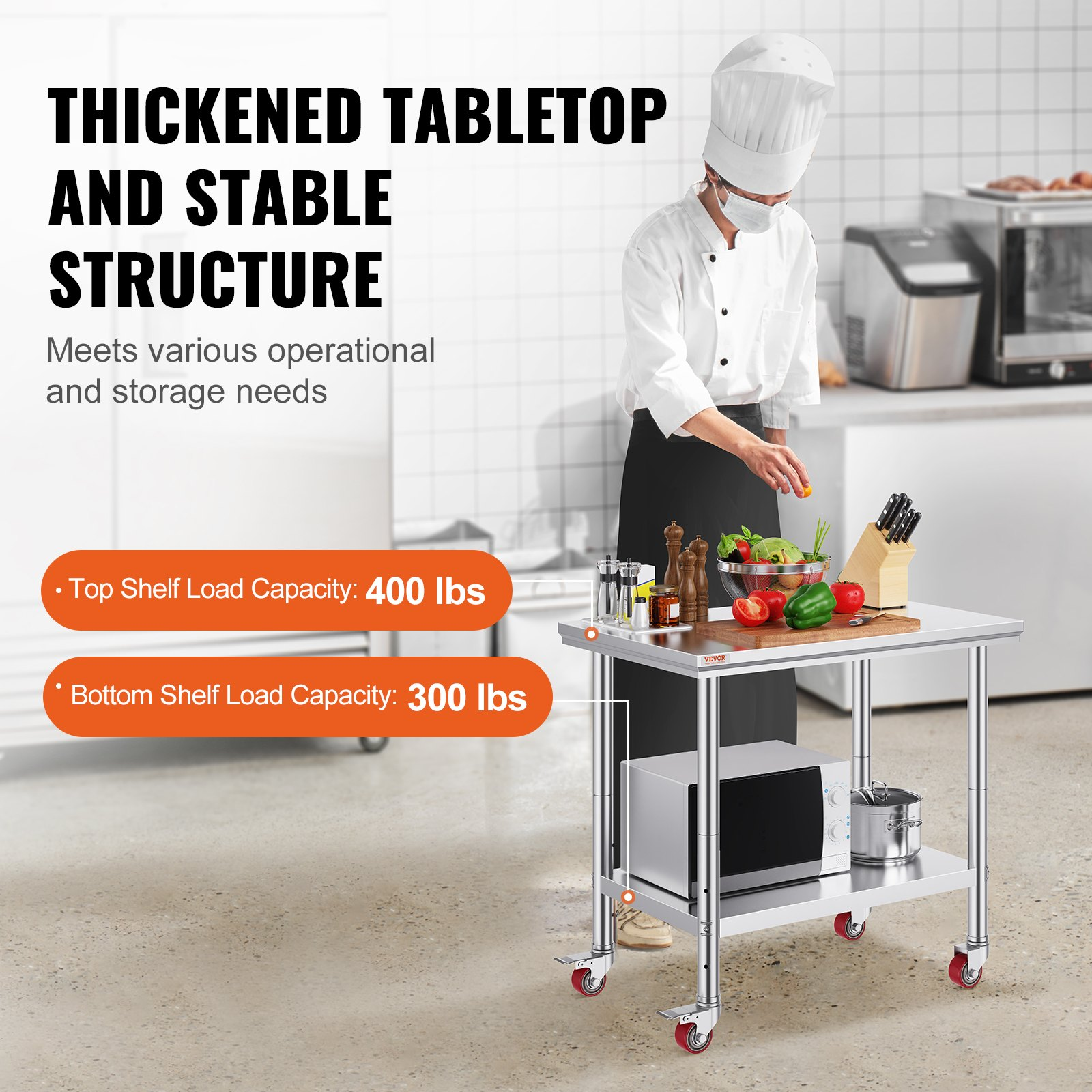 VEVOR Stainless Steel Work Table 36x24 Inch with 4 Wheels Commercial Food Prep Worktable with Casters Heavy Duty Work Table for Commercial Kitchen Restaurant