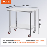 VEVOR Stainless Steel Work Table 36x24 Inch with 4 Wheels Commercial Food Prep Worktable with Casters Heavy Duty Work Table for Commercial Kitchen Restaurant