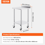 VEVOR 24 x 24 x 40 Inch Stainless Steel Work Table, Commercial Food Prep Worktable with Casters, Heavy Duty Prep Worktable, Metal Work Table with Adjustable Height for Restaurant, Home and Hotel