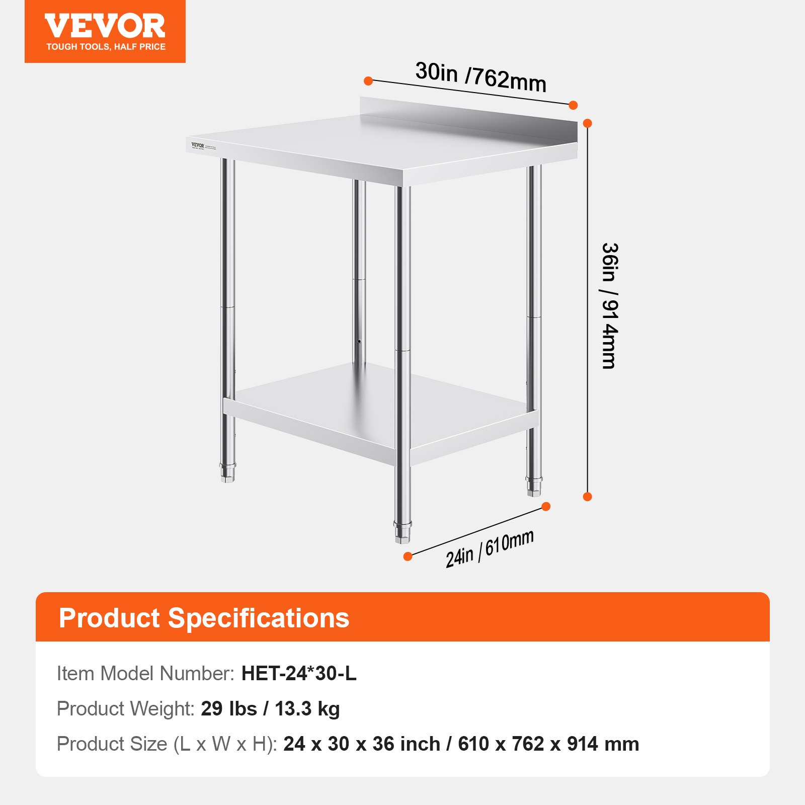 VEVOR 24 x 30 x 36 Inch Stainless Steel Work Table, Commercial Food Prep Worktable Heavy Duty Prep Worktable, Metal Work Table with Adjustable Height for Restaurant, Home and Hotel