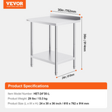 VEVOR 24 x 30 x 36 Inch Stainless Steel Work Table, Commercial Food Prep Worktable Heavy Duty Prep Worktable, Metal Work Table with Adjustable Height for Restaurant, Home and Hotel