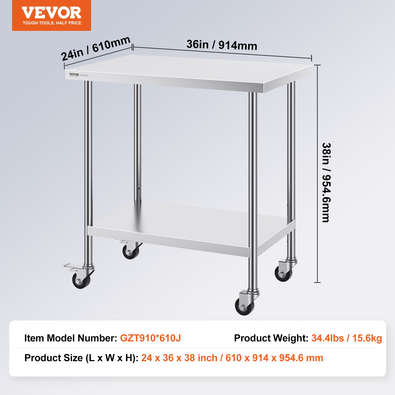 VEVOR Stainless Steel Work Table 24 x 36 x 38 Inch, with 4 Wheels, 3 Adjustable Height Levels, Heavy Duty Food Prep Worktable for Commercial Kitchen Restaurant, Silver