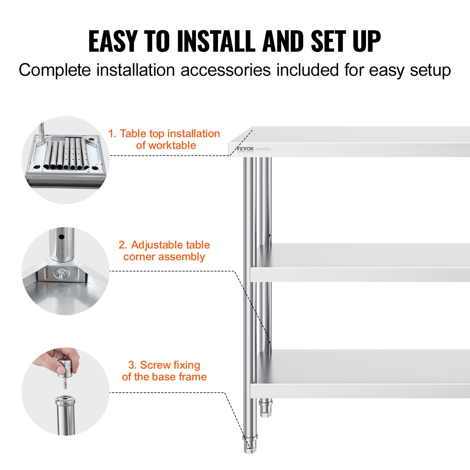 VEVOR Stainless Steel Food Prep Table, 14 x 48 x 34 Inch Commercial Kitchen Worktable, with 2 Adjustable Undershelf, Heavy Duty Prep Table Metal Work Table for BBQ, Kitchen, Home, and Garage