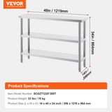 VEVOR Stainless Steel Food Prep Table, 14 x 48 x 34 Inch Commercial Kitchen Worktable, with 2 Adjustable Undershelf, Heavy Duty Prep Table Metal Work Table for BBQ, Kitchen, Home, and Garage