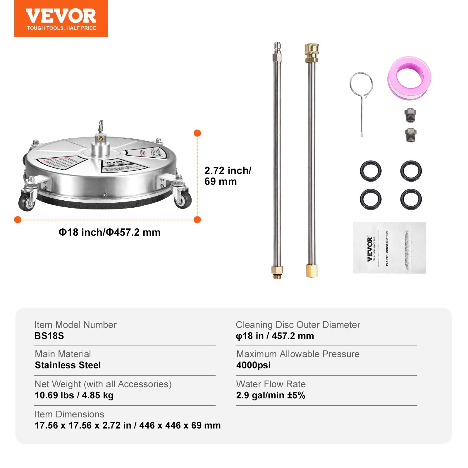 VEVOR 18" Pressure Washer Surface Cleaner w/ Wheels, Stainless Steel Concrete Cleaner 4000 Max PSI , 1/4" Quick-Connect Connector w/ 2 Extension Wand, Heavy Duty Power Washer For Floor Driveway, Patio