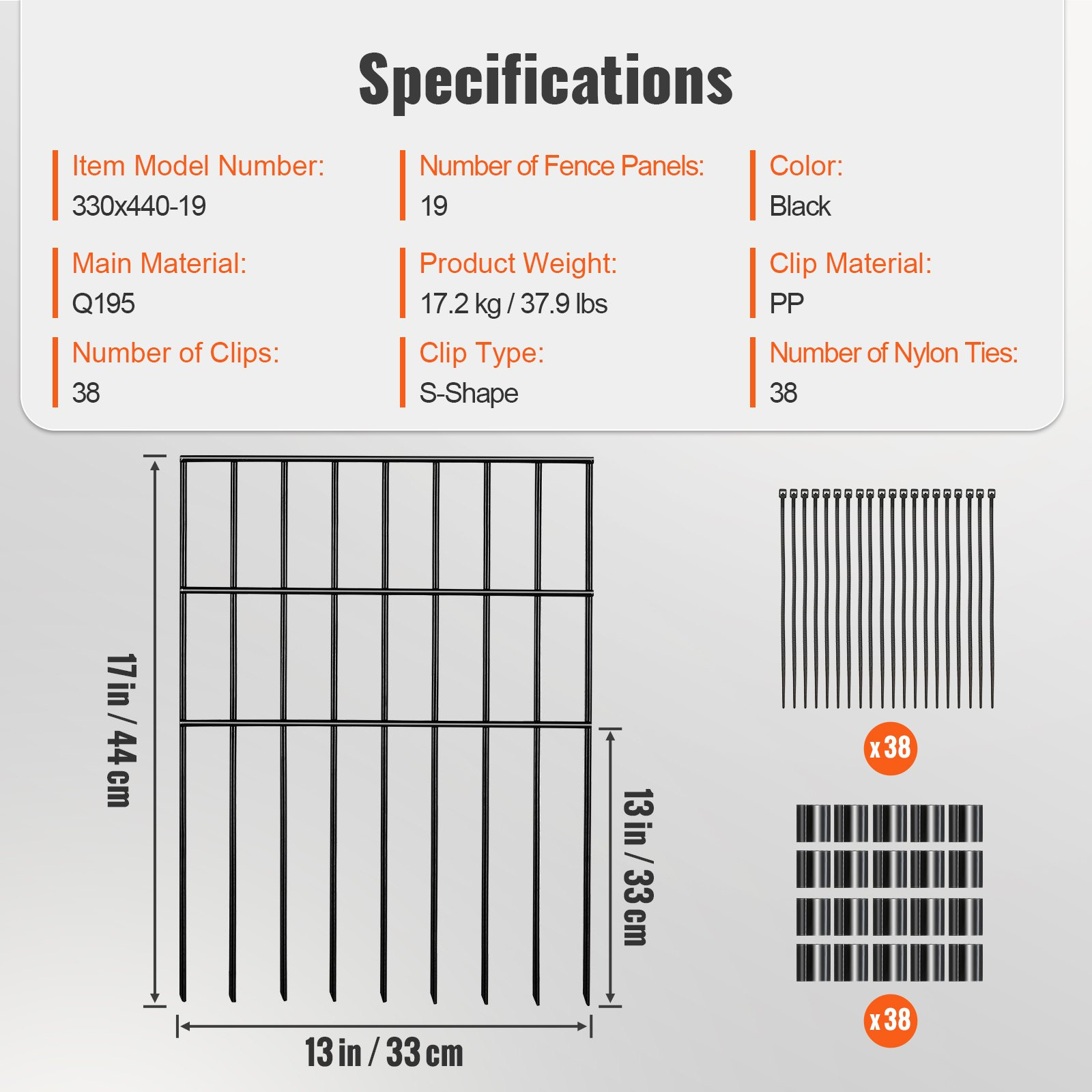 VEVOR Animal Barrier Fence 19 Pack, No Dig Fence 17in(H) x11ft(L), Underground Decorative Garden Fencing with 1.5 Inch Spike Spacing, Metal Dog Fence for The Yard and Outdoor Patio