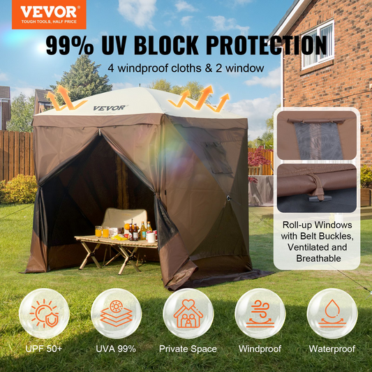 VEVOR Pop Up Gazebo Tent, Pop-Up Screen Tent 4 Sided Canopy Sun Shelter with 4 Removable Privacy Wind Cloths & Mesh Windows, 6x6FT Quick Set Screen Tent with Mosquito Netting, Brown