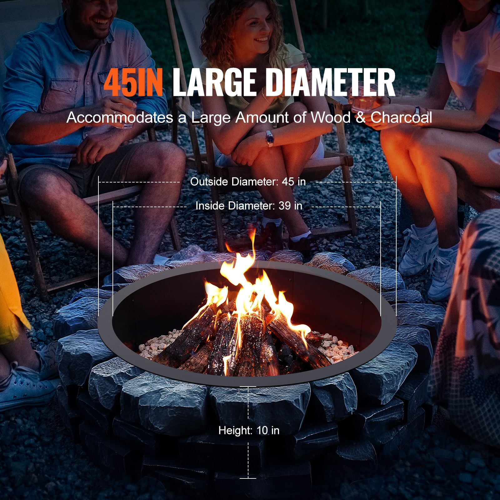 VEVOR Fire Pit Ring Round 45 Inch Outer Steel Liner DIY Campfire Ring Firepit