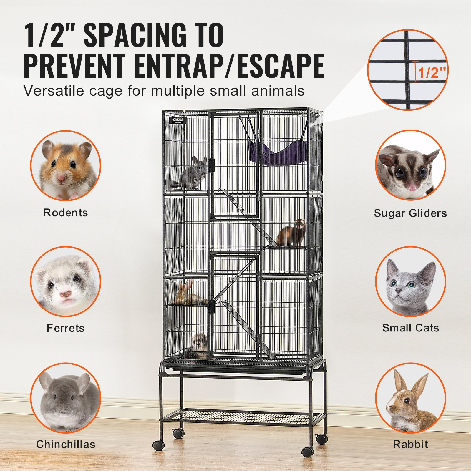 VEVOR 69" Metal Small Animal Cage 4-Tier Rolling Ferret Cage with Tray 3 Ramps