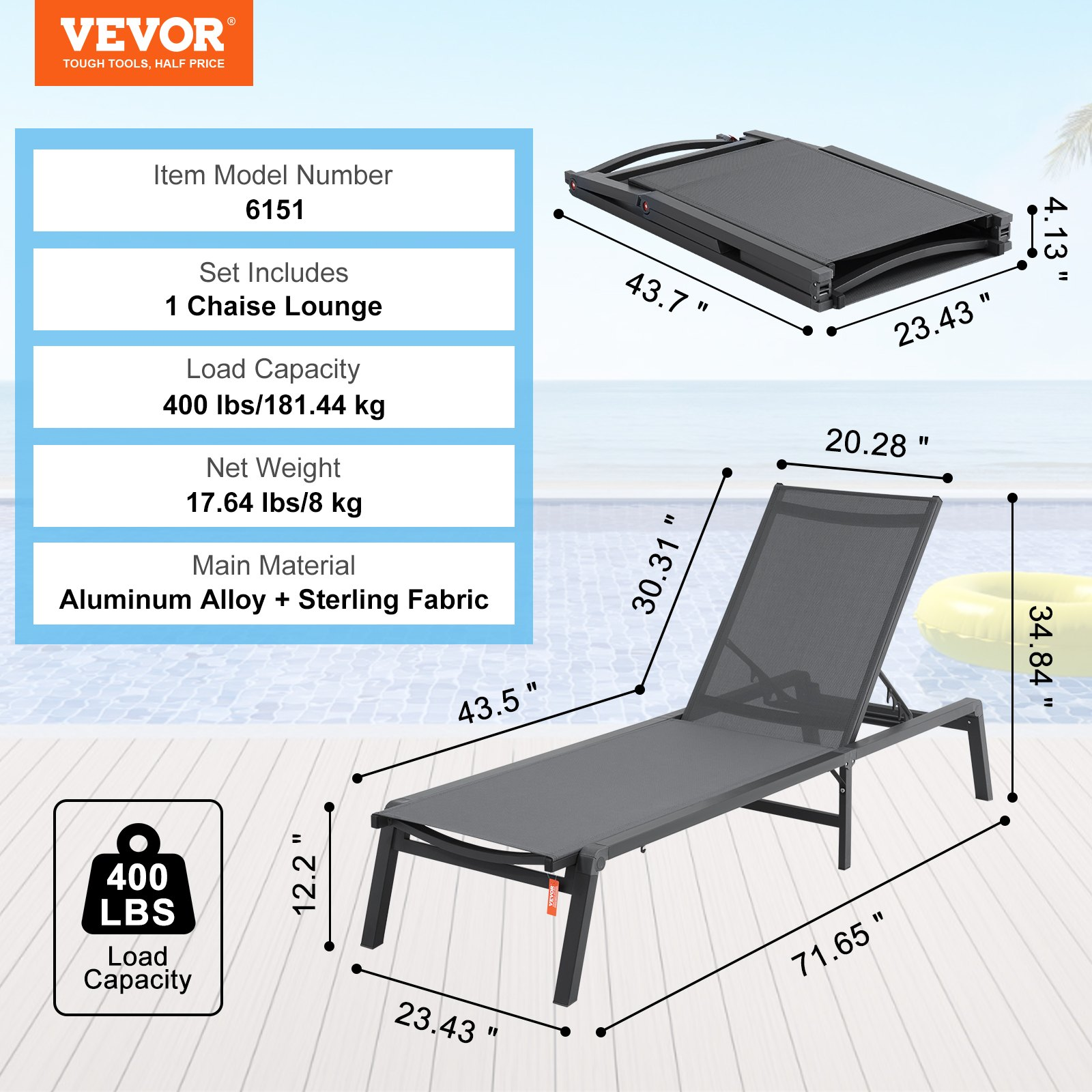 VEVOR Chaise Lounge Chair Outdoor Patio Lounge Chair with Adjustable 5-Position