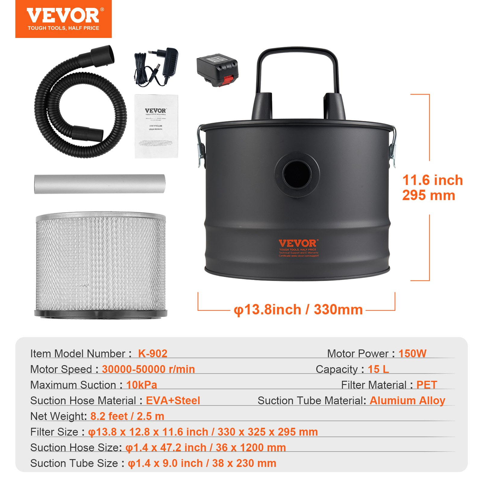 VEVOR Ash Vacuum Cleaner 15L 10 Kpa for Fireplaces Pellet Stoves Grills BBQ