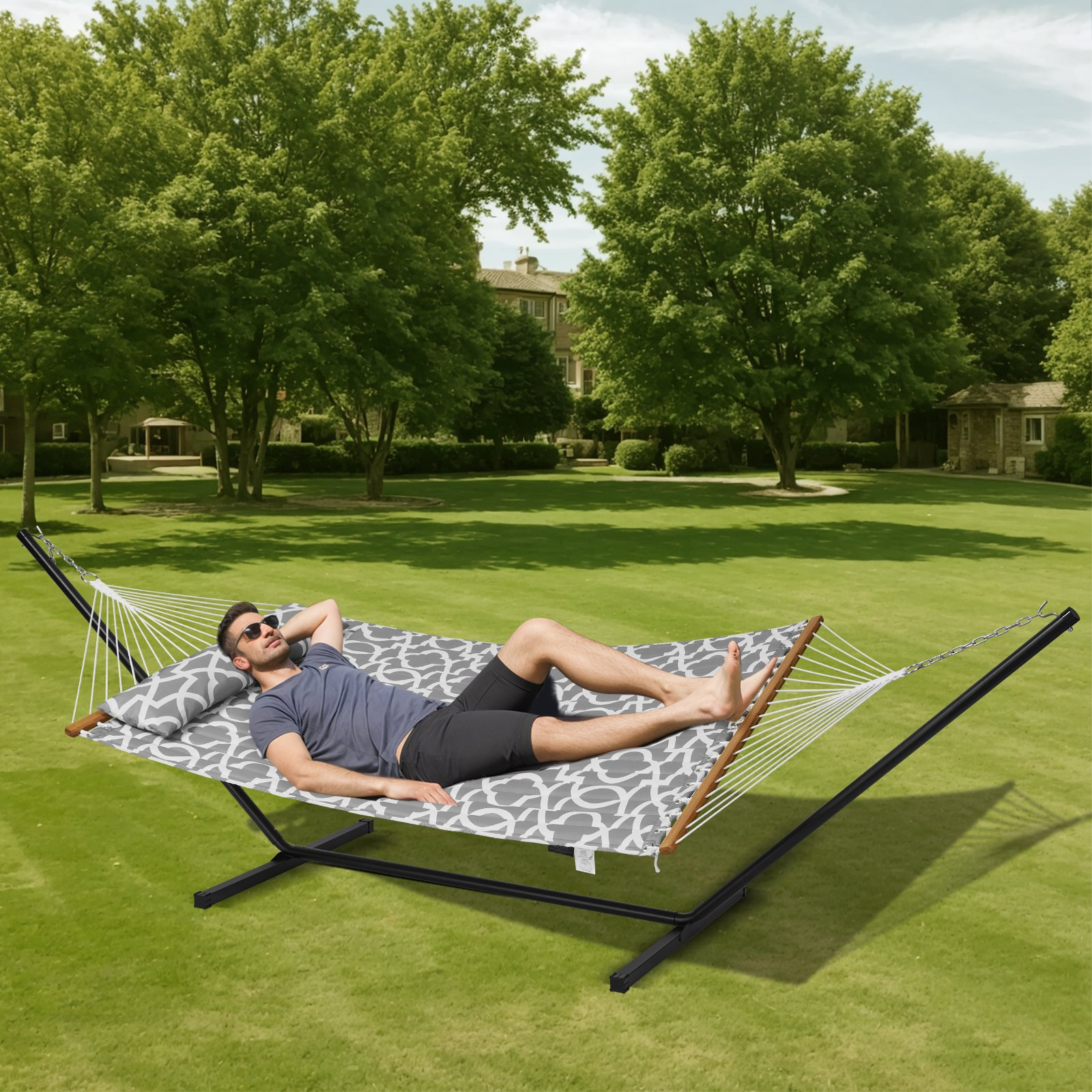 VEVOR Two Person Hammock with Stand Included Heavy Duty 480lb Capacity, Double Hammock with 12 FT Steel Stand and Portable Carrying Bag and Pillow, Freestanding Hammock for Outdoor Patio Yard Beach