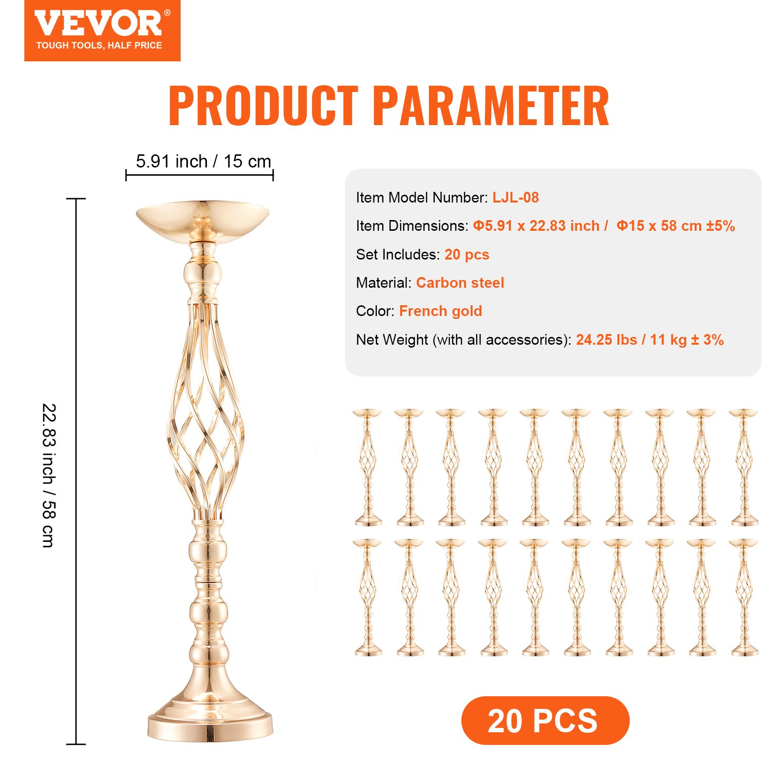 VEVOR 20PCS 58cm/22.83” Wedding Flower Vase Metal Gold Floral Stand for Table